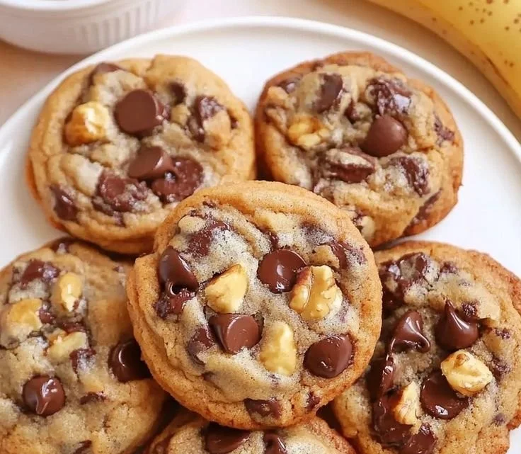 Delicious banana bread chocolate chip cookies fresh from the oven.