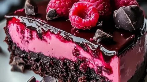 Decadent dark chocolate raspberry cheesecake topped with fresh raspberries