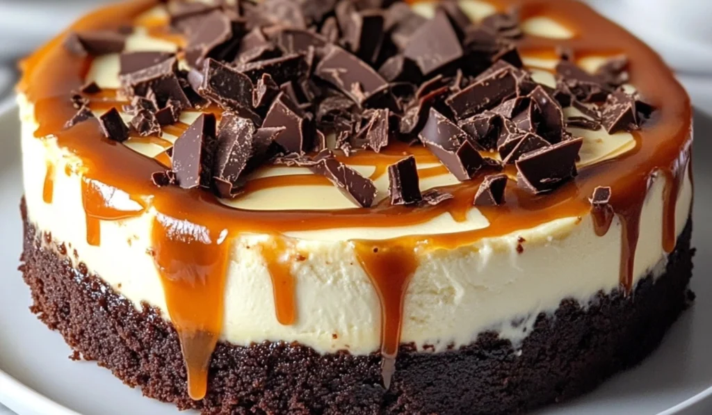 Delicious Caramel Brownie Cheesecake topped with caramel sauce and chocolate