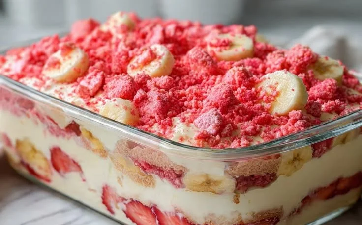 Creamy strawberry banana pudding with crunchy topping in a serving bowl