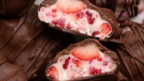 Delicious chocolate strawberry yogurt clusters ready to serve in a bowl