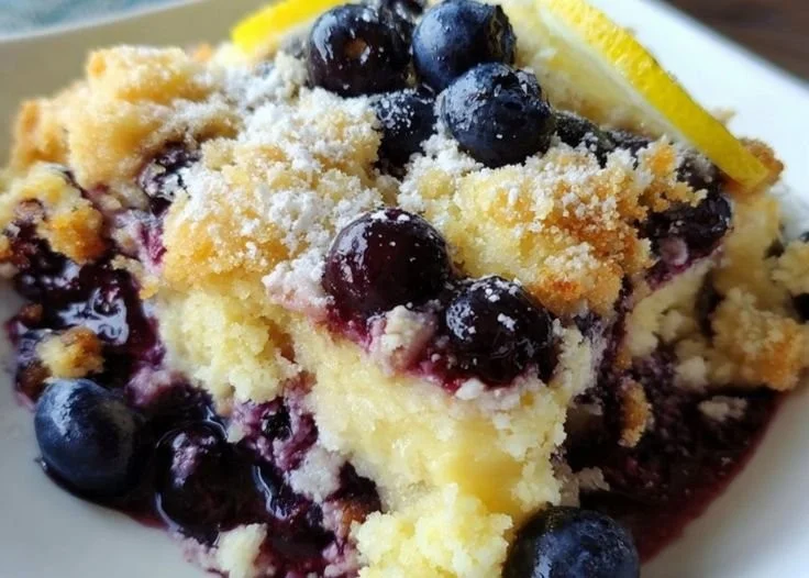 Lemon Blueberry Cheesecake Dump Cake served on a plate with fresh blueberries