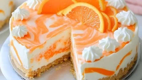 Delicious no-bake orange creamsicle cheesecake topped with whipped cream and orange slices.