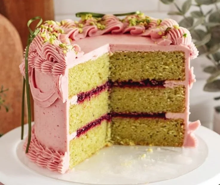 Slice of pistachio cake with raspberry jam buttercream on a white plate