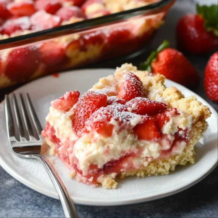 Delicious strawberry cheesecake dump cake topped with fresh strawberries.