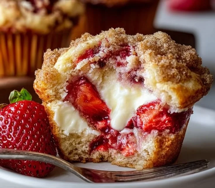 Freshly baked strawberry swirl cream cheese muffins on a plate