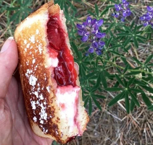 Campfire Strawberry Cheesecake Pudgy Pie on a graham cracker crust