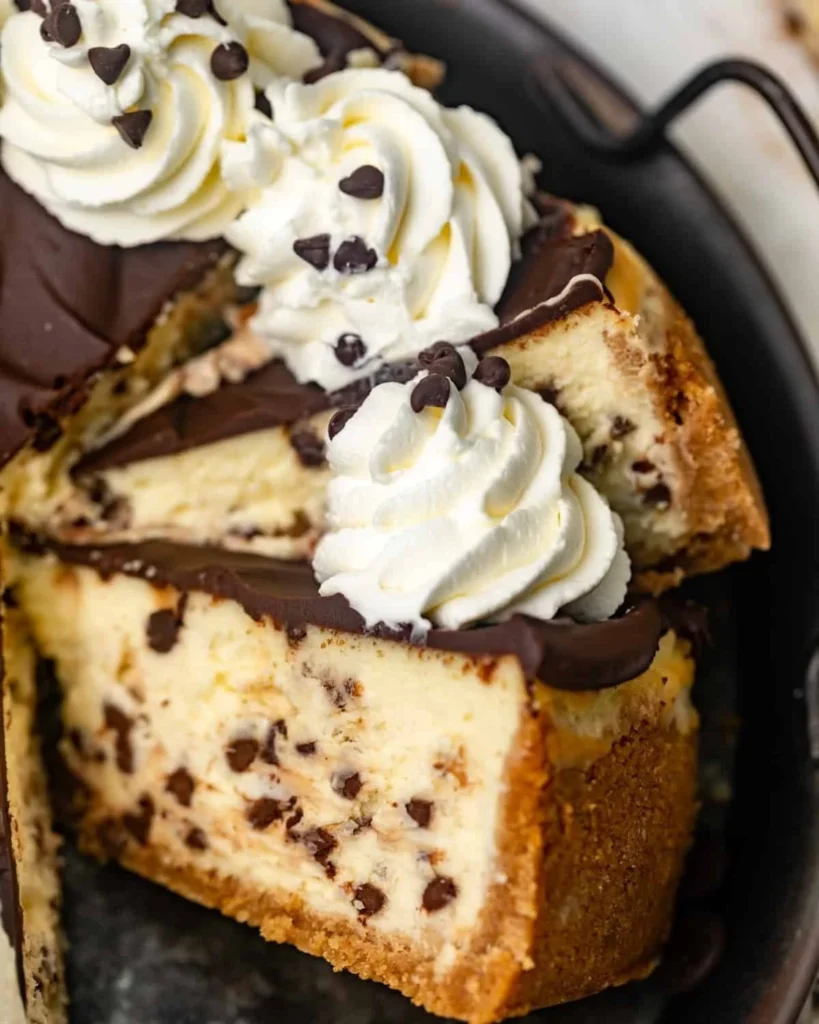 Creamy chocolate chip cheesecake topped with chocolate chips