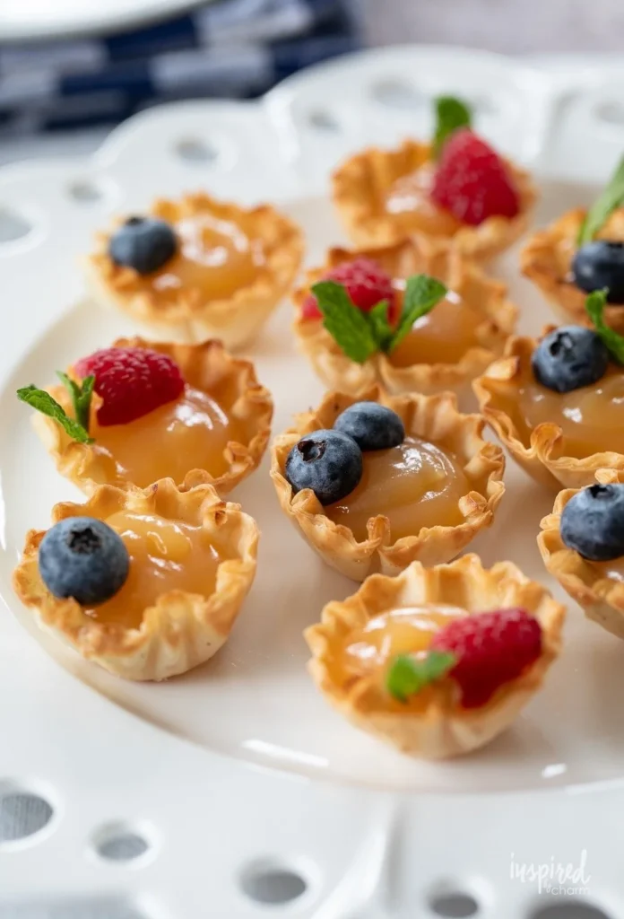 Delicious homemade lemon curd tartlets on a rustic wooden table.