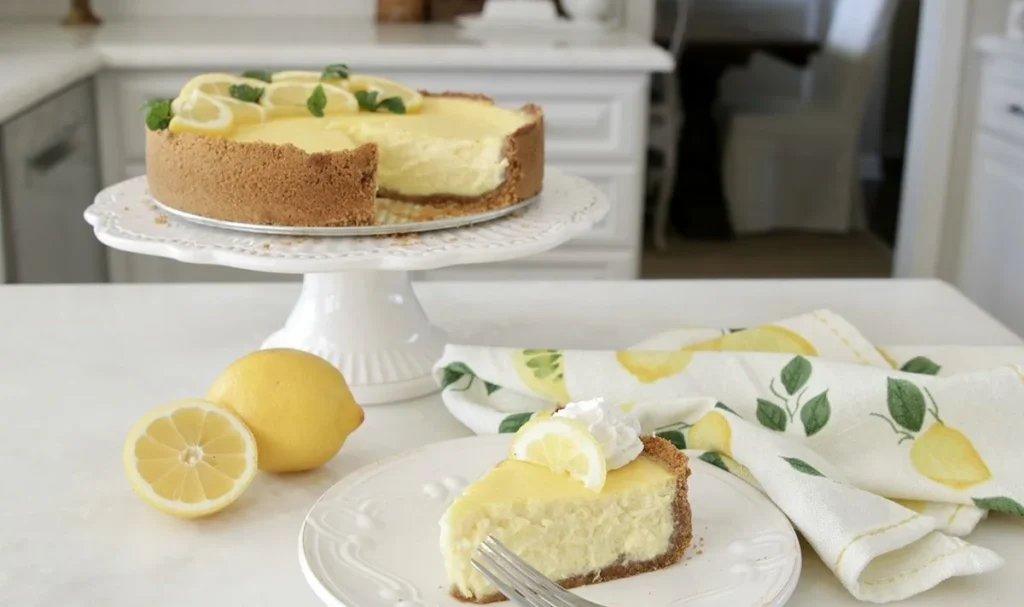 Slice of light and delicious lemon cheesecake topped with lemon zest