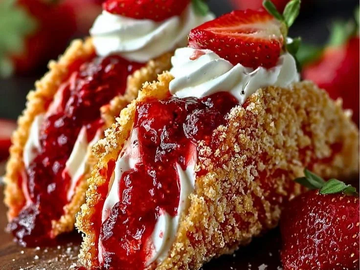 Strawberry crunch cheesecake taco cups garnished with fresh strawberries