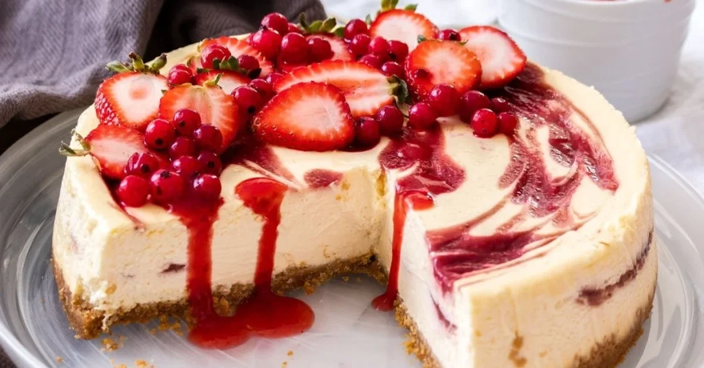 Delicious slice of strawberry swirl cheesecake topped with fresh strawberries