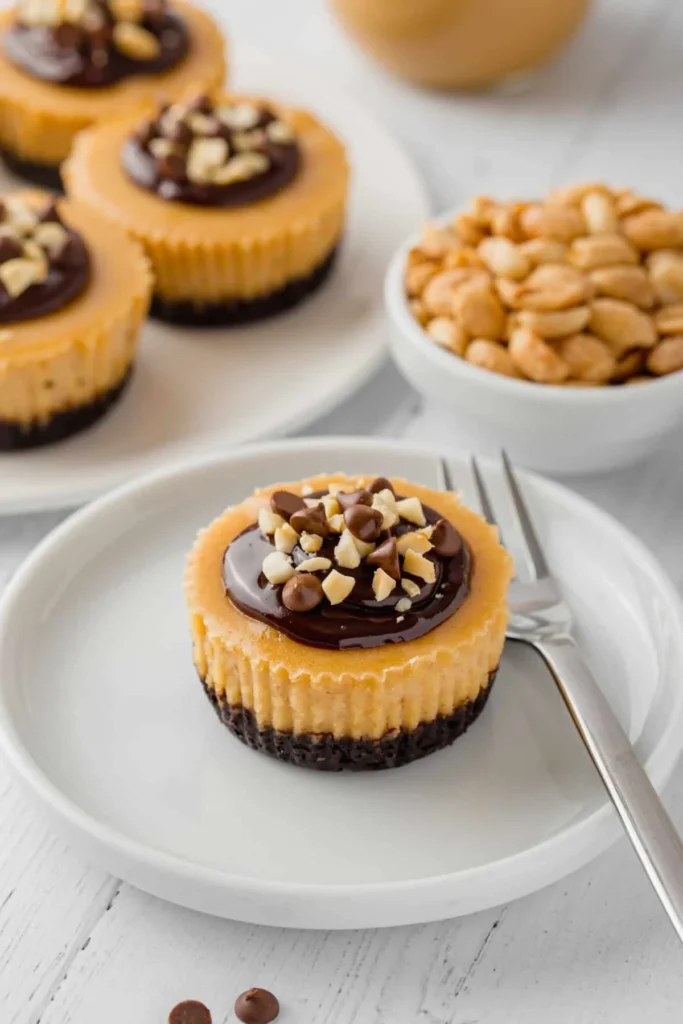 Gluten-free mini peanut butter cheesecakes topped with chocolate drizzle.