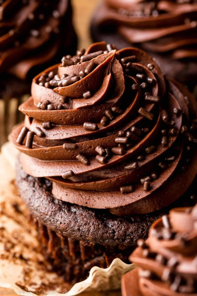Delicious chocolate buttercream frosting on a cake