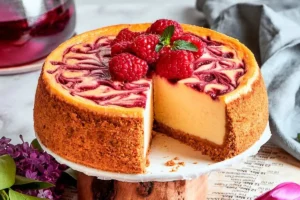 Delicious Raspberry Swirl Cheesecake with creamy filling and raspberry drizzle